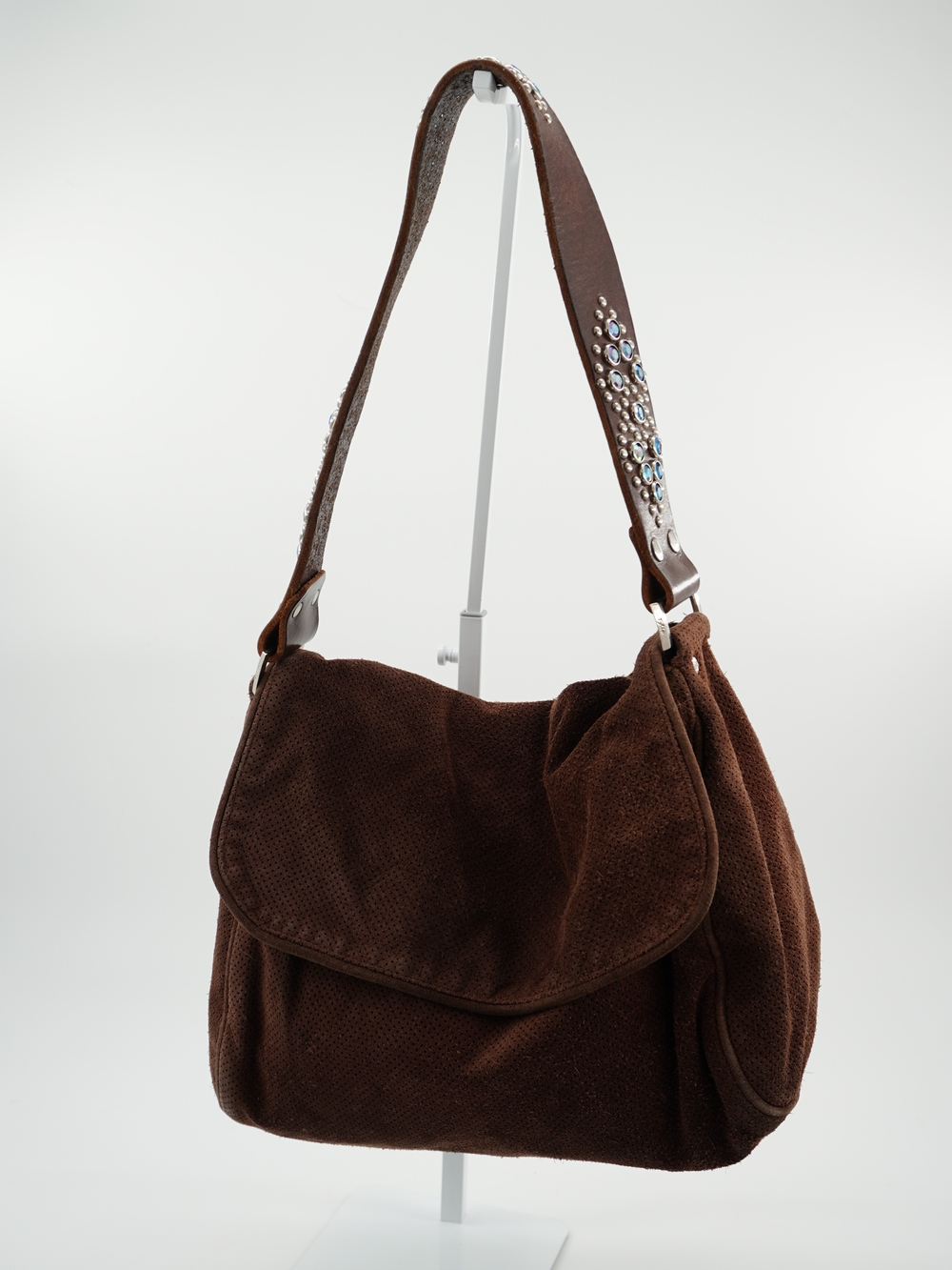 Tylie Malibu Brown Suede Shoulder Bag with Jeweled Strap